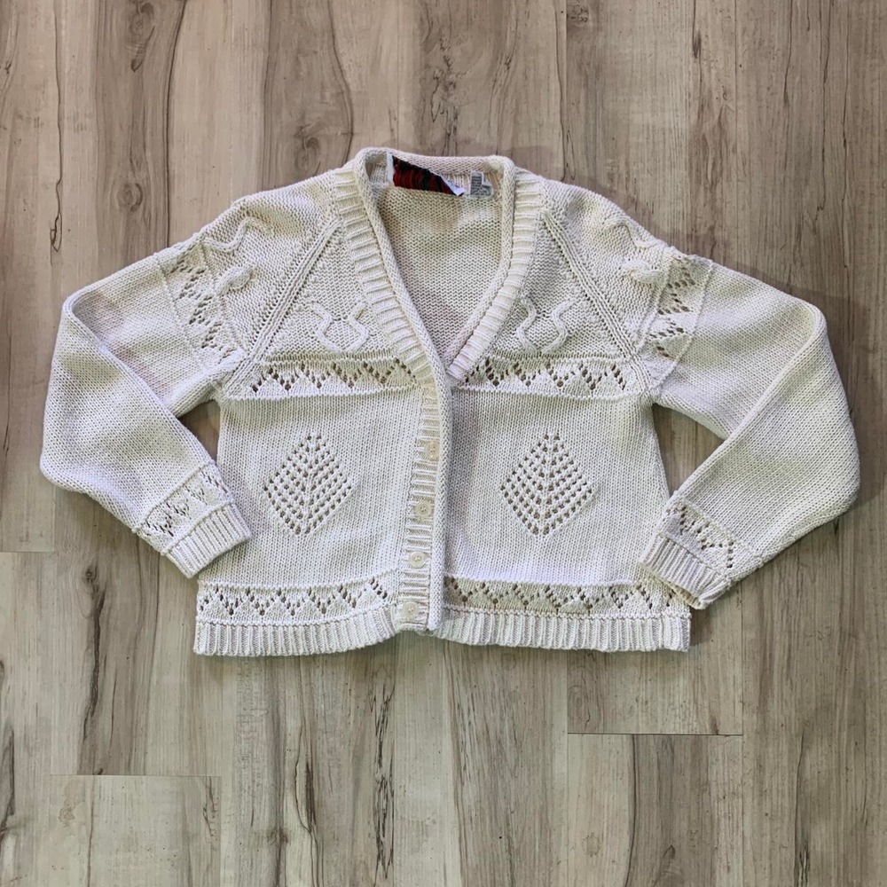 Foret De Framboise Vintage 80s Cream Openwork Knit Button Cardigan Sweater M